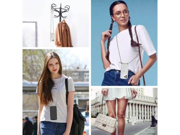 Plusieurs mises en situation de l'utilisation de la coque de protection antichoc Novodio en accessoire sur des jeunes femmes ou un porte-manteau