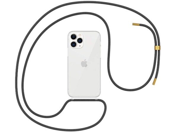 iPhone avec coque transparente avec bords surélevés et lanière noire et dorée réglable