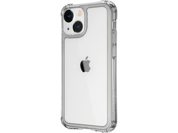 Vue de biais côté gauche d'un iPhone 13 Mini équipé d'une coque antibactérienne avec coins renforcés et boutons protégés