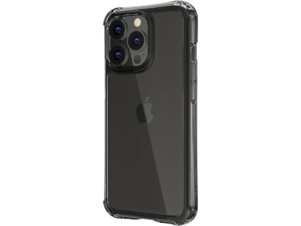 Vue de biais côté gauche d'un iPhone 13 Pro équipé d'une coque antibactérienne avec coins renforcés et boutons protégés