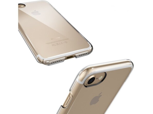 Vue de la partie inférieure et supérieure d'un iPhone coloris or avec étui de protection rigide transparent avec ouvertures pour caméra, haut-parleurs et port Lightning