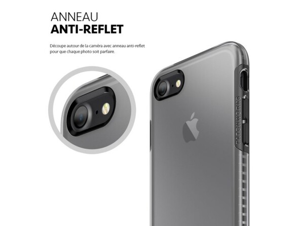 Zoom sur l'anneau anti-reflet au niveau de l'ouverture pour appareil photo de la coque renforcée antichoc transparente