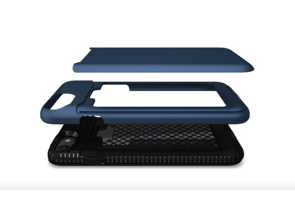 Vue côté droit des trois parties de l'étui avec coque arrière souple, porte-cartes et bumper pare-chocs nervuré rigide