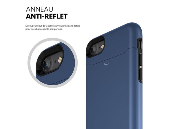 Zoom sur l'anneau anti-reflet au niveau de l'ouverture pour appareil photo de la coque renforcée antichoc bleue