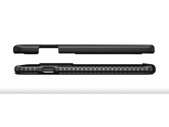 Vue côté droit des deux parties de l'étui avec coque arrière souple et bumper pare-chocs nervuré rigide