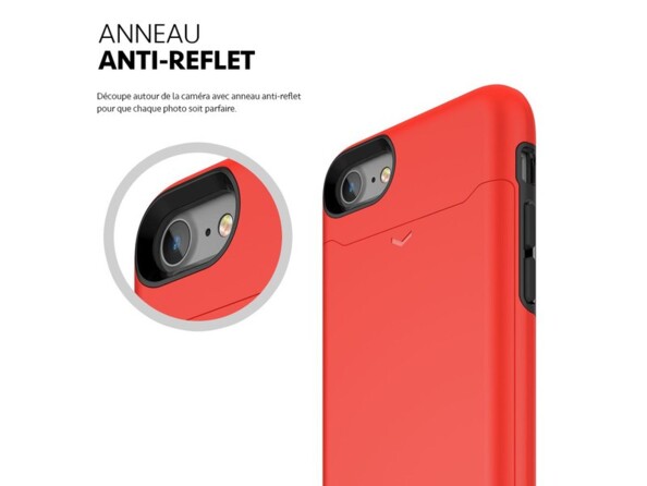 Zoom sur l'anneau anti-reflet au niveau de l'ouverture pour appareil photo de la coque renforcée antichoc rouge