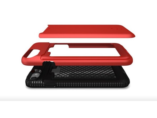 Vue côté droit des trois parties de l'étui avec coque arrière souple et bumper pare-chocs nervuré rigide