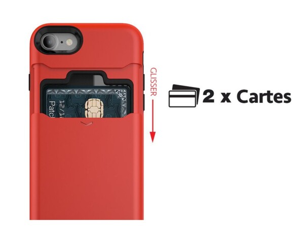 Vue arrière de l'étui coloris rouge avec compartiment coulissant pour ranger 2 cartes