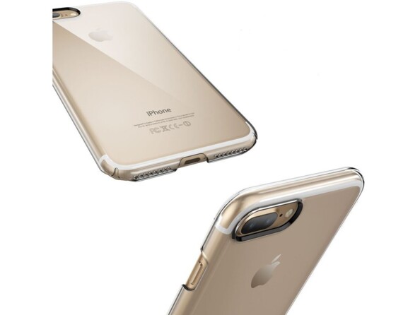 Vue de la partie inférieure et supérieure d'un iPhone coloris or avec étui de protection rigide transparent avec ouvertures pour caméra, haut-parleurs et port Lightning