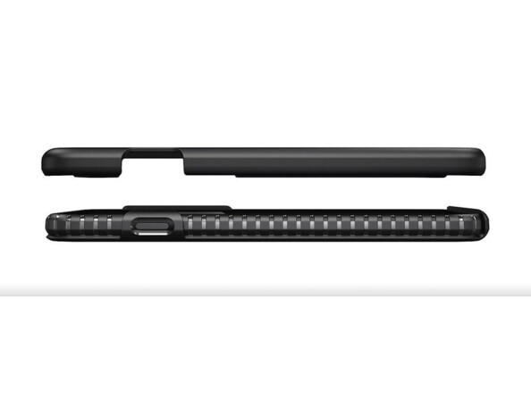 Vue côté gauche des deux parties de l'étui avec coque arrière souple et bumper pare-chocs nervuré rigide