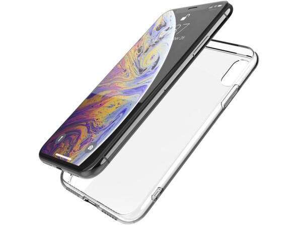Mise en place de la coque bimatière transparente à l'arrière d'un iPhone XS Max