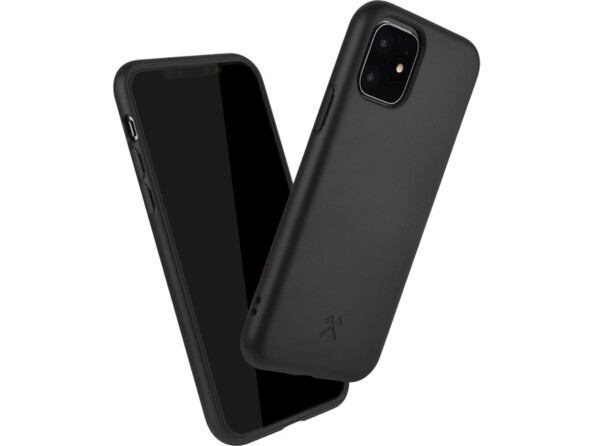 Vue de biais côté gauche et côté droit de la coque antichoc vegan Woodcessories pour iPhone 11 Pro Max avec boutons protégés et accessibles