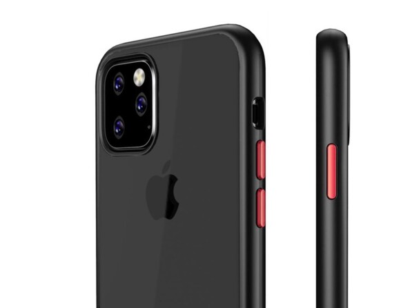 Vue de face de biais et de profil de la coque de protection avec bords surélevés et boutons rouges Novodio