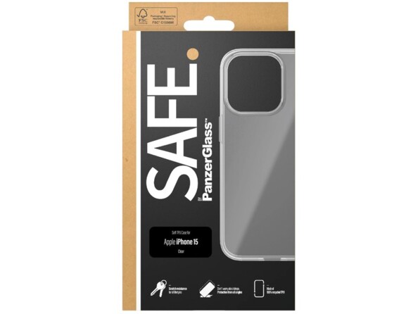 Coque SAFE. by PanzerGlass coloris transparent pour iPhone 15 dans son emballage cartonné