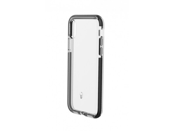 Vue de biais côté droit de l'étui transparent avec contours gris foncé pour iPhone 10S Max