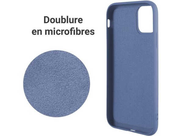 Vue de l'intérieur de la coque en silicone souple coloris bleu pour iPhone 14 avec doublure en microfibres anti-rayures
