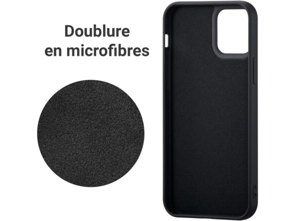 Vue de l'intérieur de la coque en silicone souple coloris noir pour iPhone 14 Pro Max avec doublure en microfibres anti-rayures