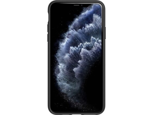 Vue de face de l'écran allumé d'un smartphone Apple protégé par une coque de protection