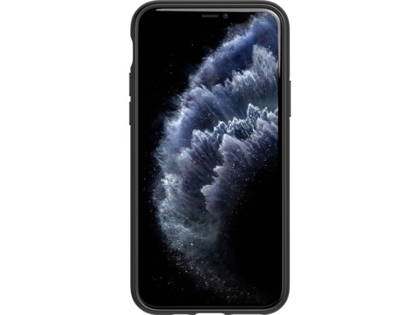 Vue de face de l'écran allumé d'un smartphone Apple protégé par une coque de protection