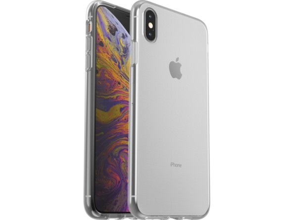 Vue de biais de face et de derrière côté gauche et côté droit d'un iPhone XS Max avec coque de protection en TPU transparent aux bords surélevés laissant apparaître le design de l'iPhone à l'écran allumé