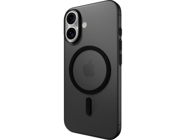 Vue de biais arrière de la housse de protection semi-rigide noir transparent en polypropylène sur le boîtier d'un iPhone 16