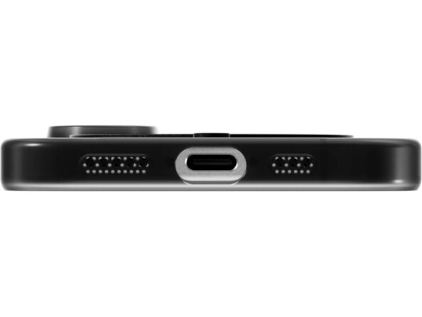 Vue du dessous avec ouvertures pour port de chargement USB-C et haut-parleurs