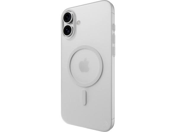 Vue de biais arrière de la housse de protection semi-rigide blanc transparent en polypropylène sur le boîtier d'un iPhone 16 Plus