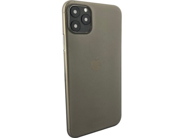 Vue de biais côté droit d'un iPhone avec étui noir transparent délavé avec bords surélevés autour des objectifs et du flash du téléphone