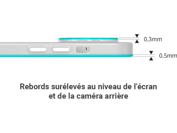 Schématisation de l'épaisseur 0,3 mm et 0,5 mm des rebords pour écran et caméra arrière de la coque 0,35" Ultra Slim SwitchEasy