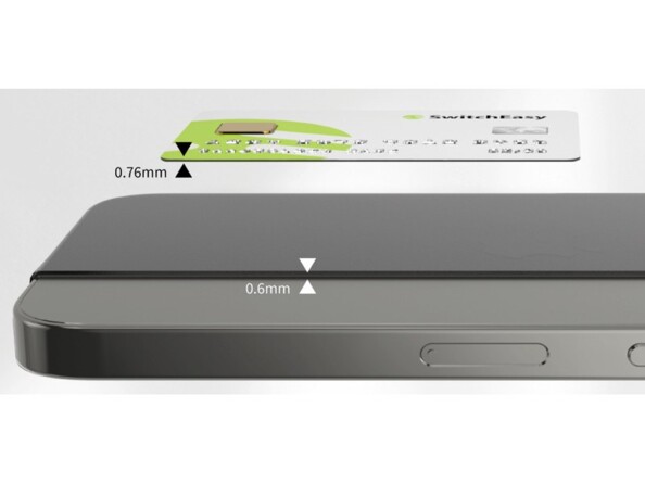 Comparaison de l'épaisseur de 0,75 mm d'une carte de crédit avec l'épaisseur de 0,6 mm de la coque SwitchEasy