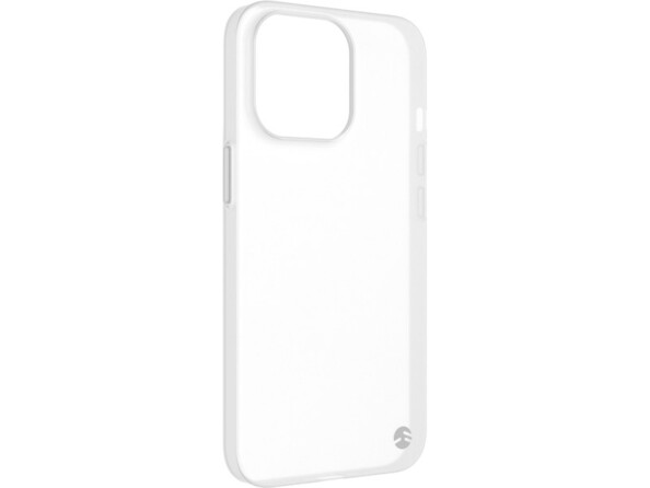 Étui de protection blanc transparent pour smartphone Apple de biais avec ouvertures pour appareil photo, haut-parleur et port de chargement