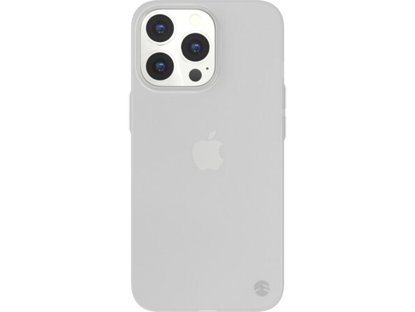Arrière d'un iPhone 13 Pro avec boîtier blanc et coque fine coloris blanc transparent à rebords surélevés au niveau des objectifs de l'appareil photo