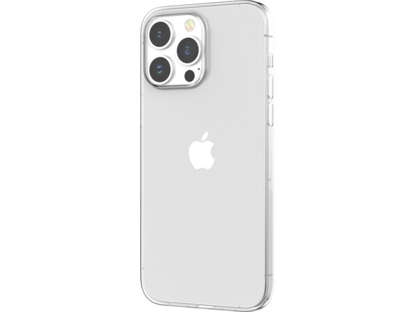 Mise en situation de la coque en plastique souple transparente avec bords surélevés vue de derrière de biais côté gauche sur un iPhone coloris gris