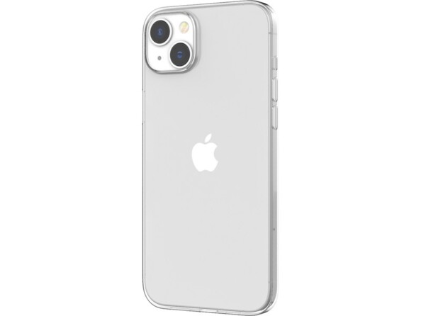 Mise en situation de la coque en plastique souple transparente avec bords surélevés vue de derrière de biais côté gauche sur un iPhone coloris gris
