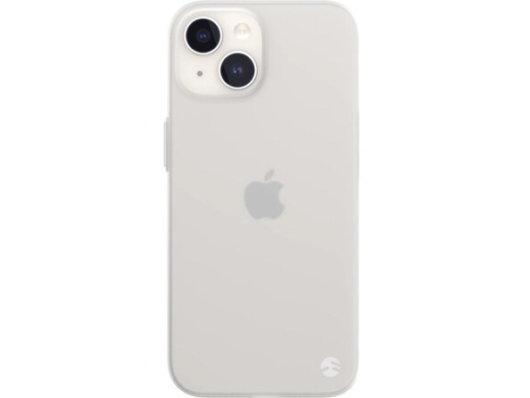 Arrière d'un iPhone 15 avec boîtier blanc et coque fine coloris blanc transparent à rebords surélevés au niveau des objectifs de l'appareil photo