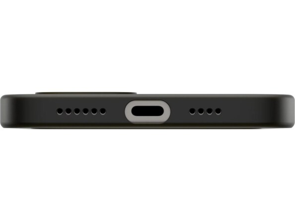 Étui de protection noir transparent sur smartphone Apple vu du dessous avec ouvertures pour appareil photo, haut-parleur et port de chargement