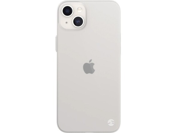 Arrière d'un iPhone 15 Plus avec boîtier blanc et coque fine coloris blanc transparent à rebords surélevés au niveau des objectifs de l'appareil photo