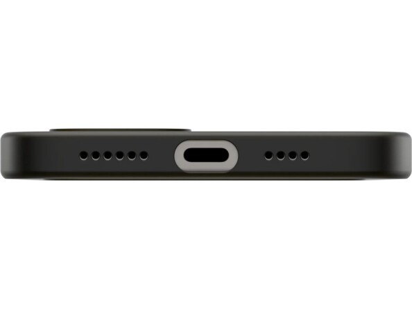 Étui de protection noir transparent sur smartphone Apple vu du dessous avec ouvertures pour appareil photo, haut-parleur et port de chargement