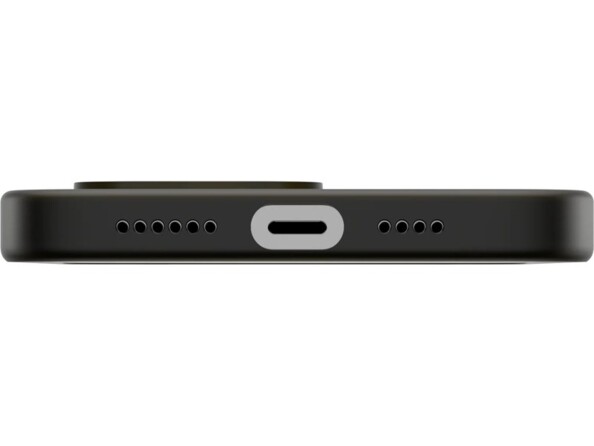 Étui de protection noir transparent sur smartphone Apple vu du dessous avec ouvertures pour appareil photo, haut-parleur et port de chargement