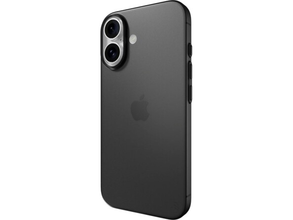 Vue de biais d'un iPhone 16 avec coque de protection translucide compatible MagSafe