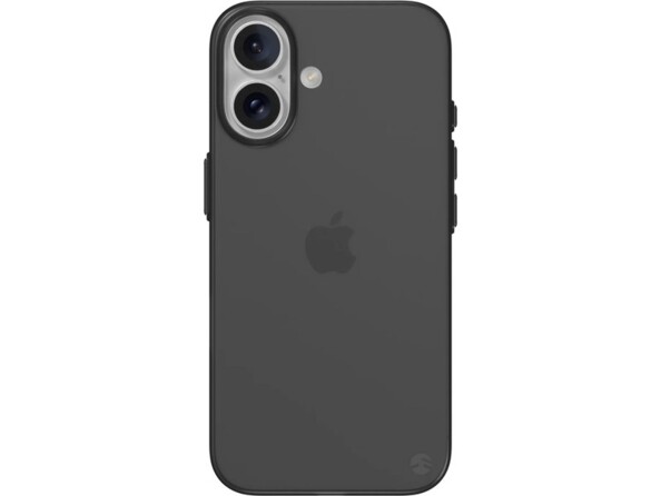 Arrière d'un iPhone 16 avec boîtier gris et coque fine coloris noir transparent à rebords surélevés au niveau des objectifs de l'appareil photo