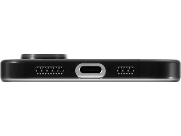 Étui de protection noir transparent pour smartphone Apple vu du dessous avec ouvertures pour appareil photo, haut-parleur et port de chargement