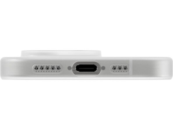 Étui de protection blanc transparent sur smartphone Apple vu du dessous avec ouvertures pour appareil photo, haut-parleur et port de chargement