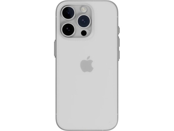 Arrière d'un iPhone 16 Pro avec boîtier blanc et coque fine coloris blanc transparent à rebords surélevés au niveau des objectifs de l'appareil photo