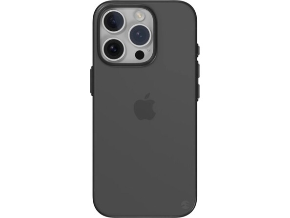 Arrière d'un iPhone 16 Pro avec boîtier gris et coque fine coloris noir transparent à rebords surélevés au niveau des objectifs de l'appareil photo