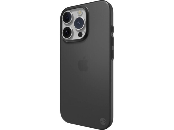 Vue de biais d'un iPhone 16 Pro avec coque de protection translucide compatible MagSafe