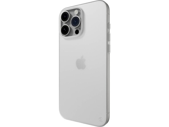 Vue de biais d'un iPhone 16 Pro Max avec coque de protection translucide compatible MagSafe