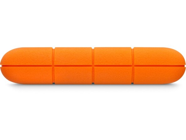 Vue de côté de la housse en caoutchouc rainurée coloris orange du disque dur externe LaCie Rugged Mini