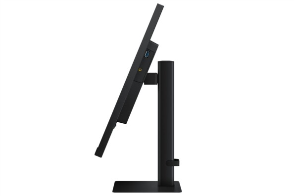 Écran vu de profil gauche incliné avec port USB sur fond blanc