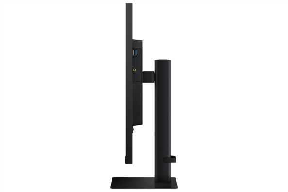Écran Samsung vu de profil avec socle colonne sur fond blanc